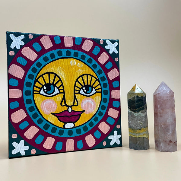 Light Blue & Pink Sun Mandala Painting - 6 x 6