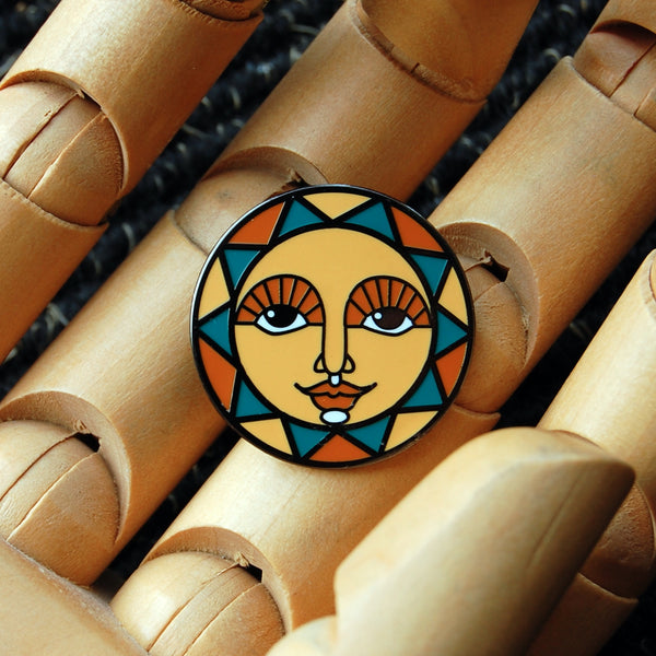 1 Inch Round Enamel Pin - Orange & Teal Sun